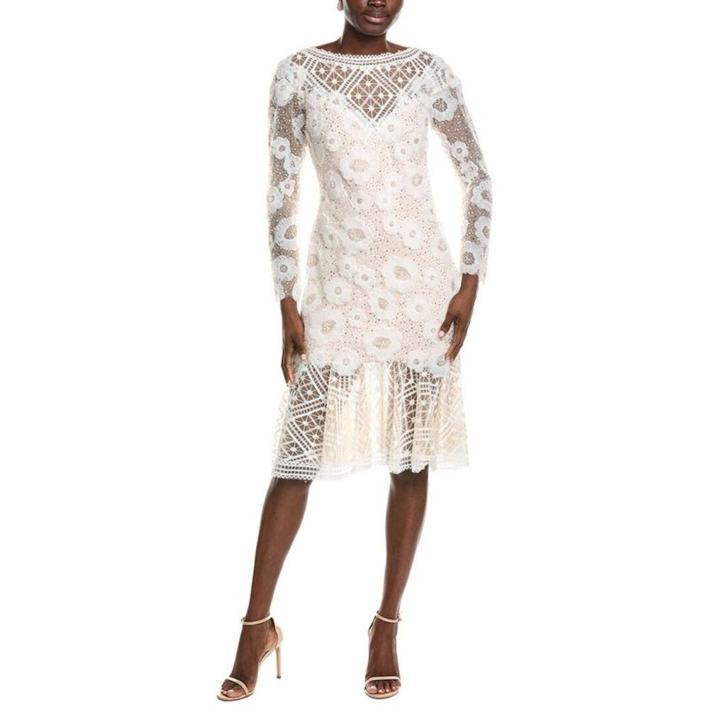 Tadashi Shoji Womens  Idly Embroidered Illusion Dress, White